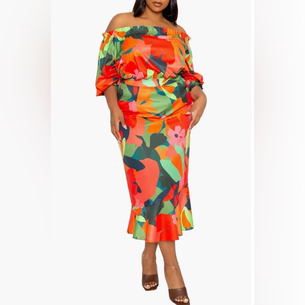 Orange Floral Off the Shoulder Midi Dress
